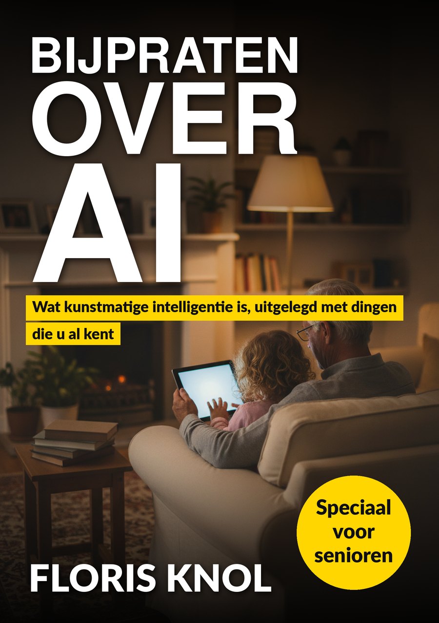 Omslag van Bijpraten over AI: een opa en zijn kleinkind met een tablet in de leunstoel