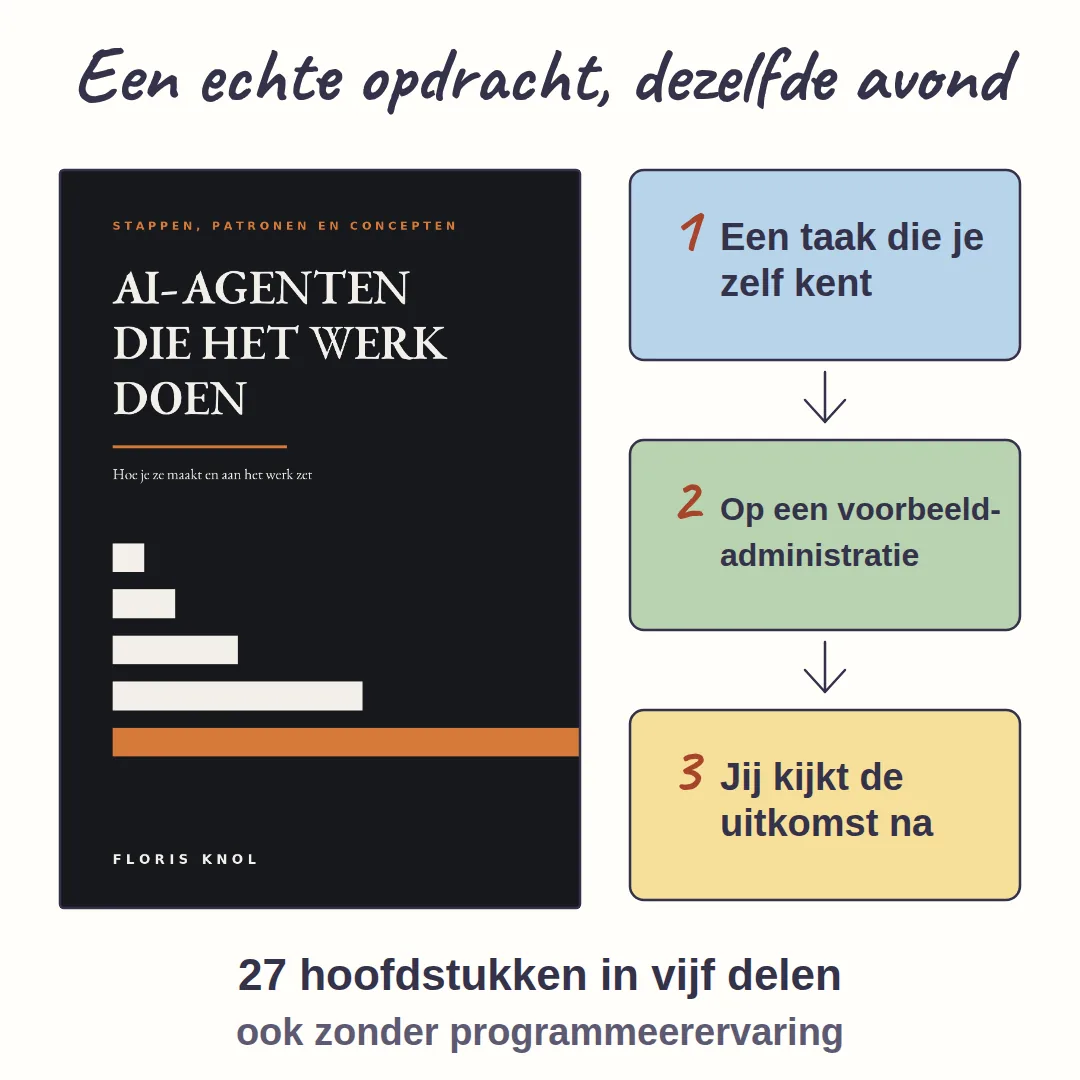 De omslag van het boek AI-agenten die het werk doen naast drie getekende stappen: een opdracht, een voorbeeldadministratie en een uitkomst die je nakijkt.