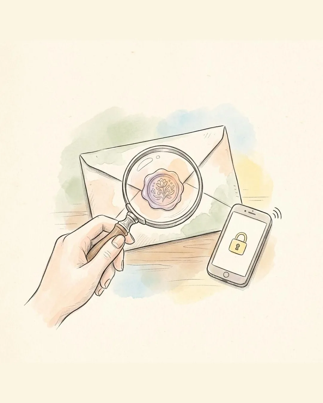 Een potloodtekening van een hand met een vergrootglas boven een envelop met een lakzegel, naast een telefoon met een hangslot.