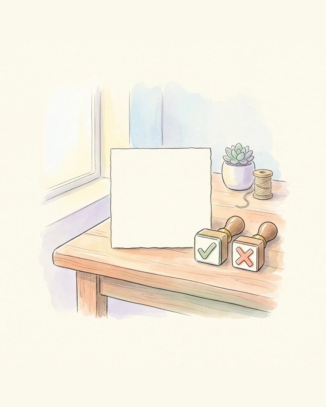 Een potloodtekening van een bureau bij ochtendlicht met een lege kaart in het midden en twee stempels ernaast: een groen vinkje en een rood kruisje.