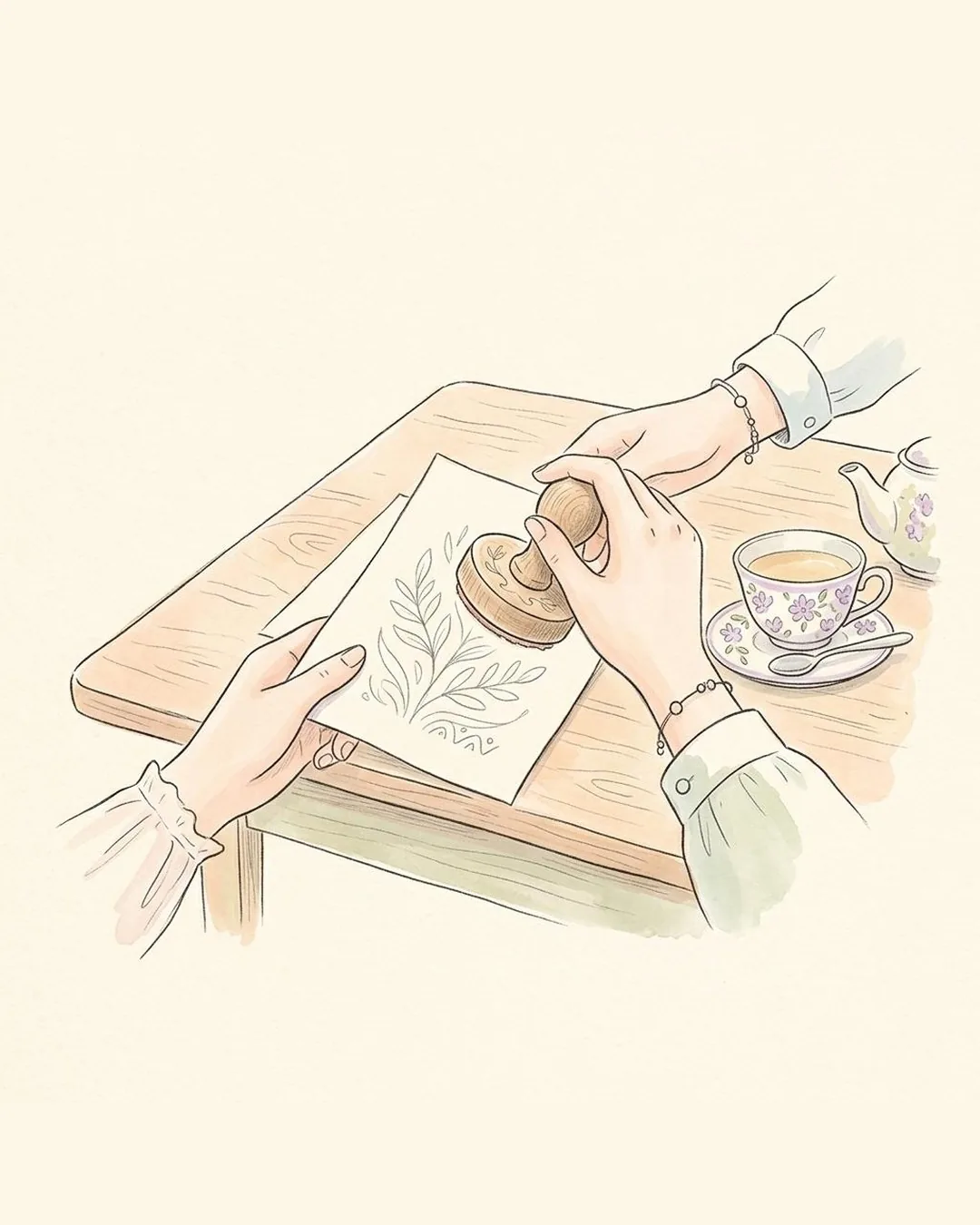 Een potloodtekening van twee handen aan een houten tafel: de ene reikt een vel papier aan, de andere houdt een stempel erboven. Naast hen staat een kopje thee.