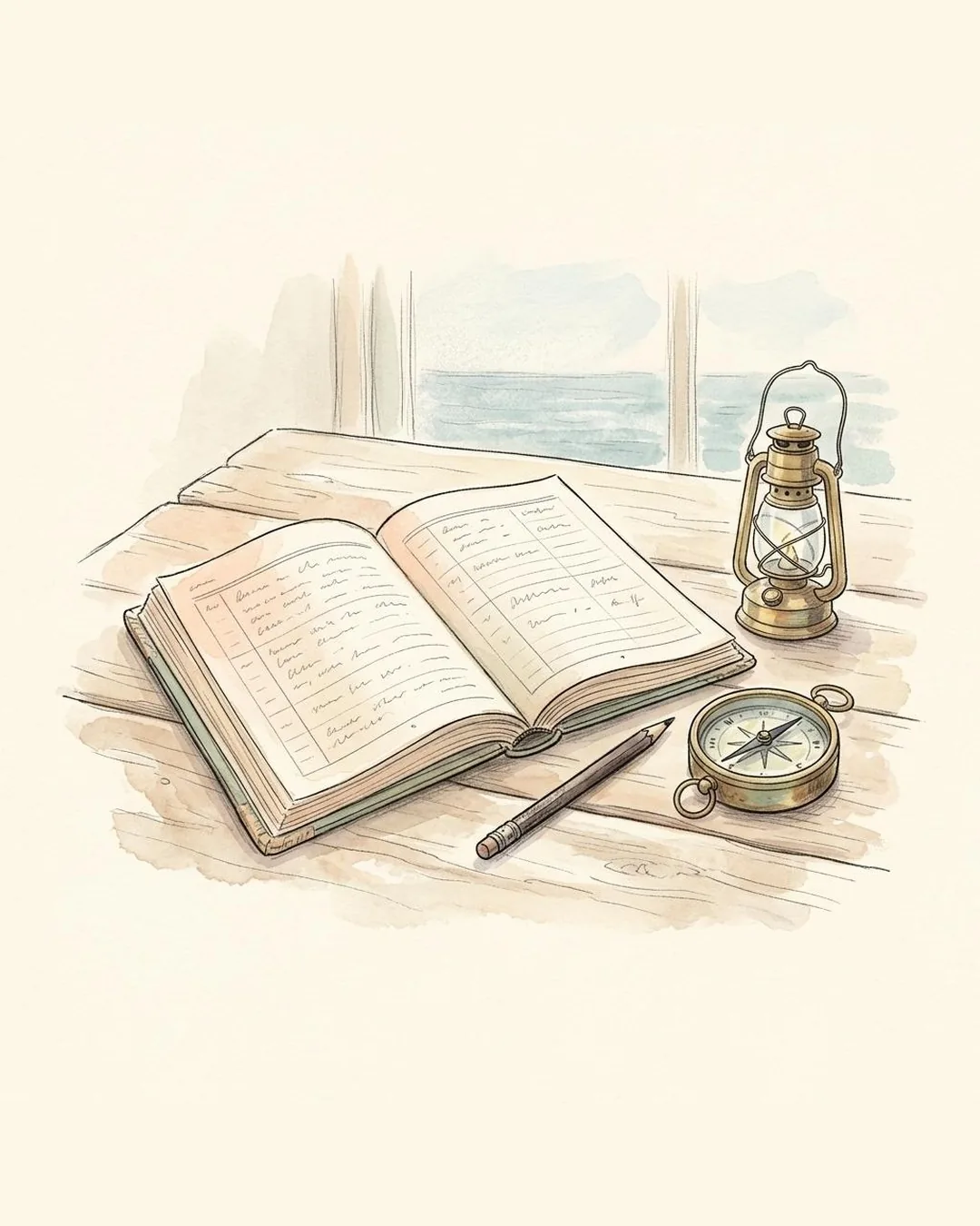 Een potloodtekening van een opengeslagen logboek op een houten tafel met een potlood, een kompas en een lantaarn, met uitzicht op zee.