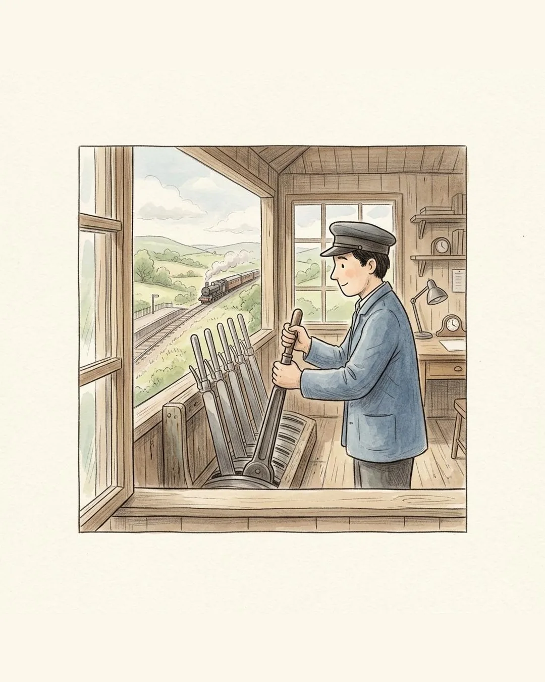 Een potloodtekening van een man in een houten seinhuisje die met twee handen een grote hendel vasthoudt. Door het raam rijdt in de verte een stoomtrein.