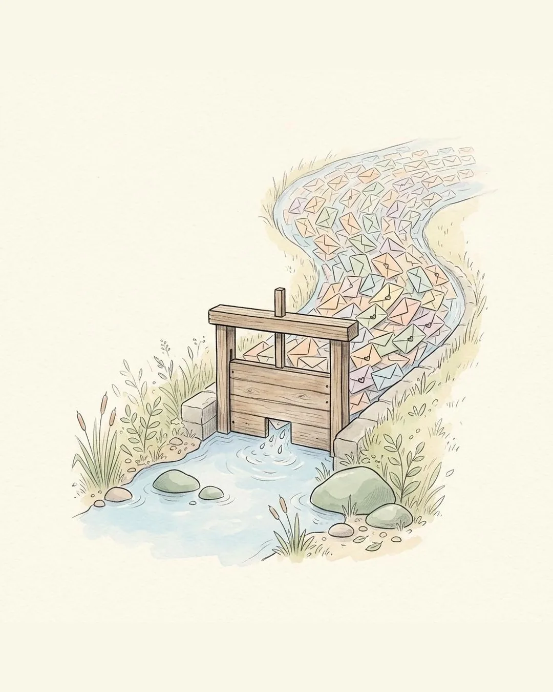 Een potloodtekening van een houten sluis in een beek. Door een kleine opening druppelt wat water, terwijl achter de sluis een brede stroom enveloppen wacht.