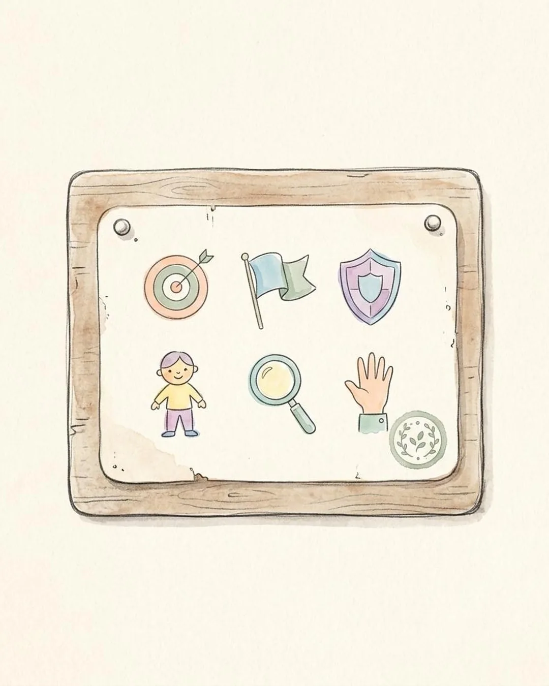 Een potloodtekening van een kaart op een houten bord, met zes kleine pictogrammen: een schietschijf, een vlag, een schild, een mens, een vergrootglas en een opgestoken hand.
