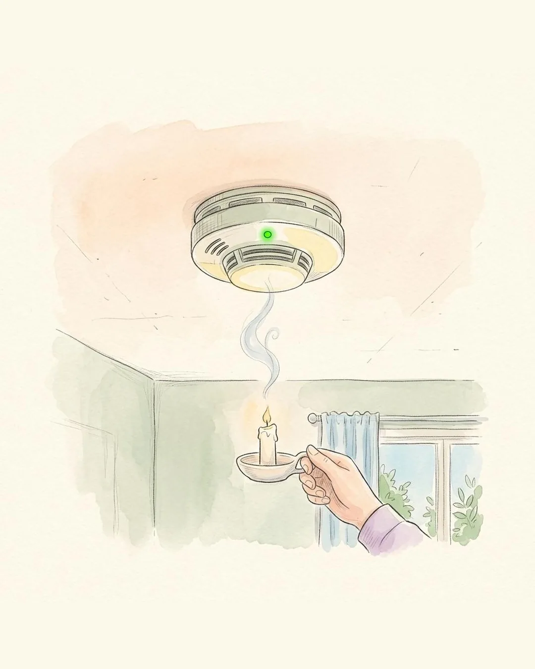Een potloodtekening van een rookmelder aan een plafond met een groen lampje. Een hand houdt een brandende kaars eronder, een dun sliertje rook stijgt op.