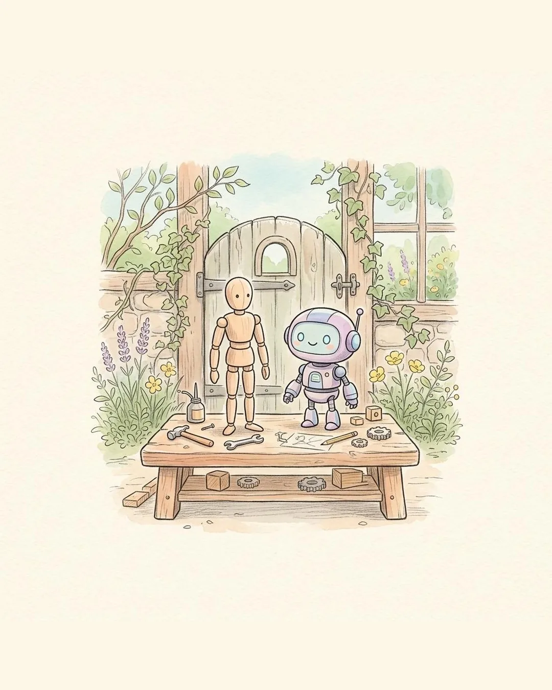 Een potloodtekening van een werkbank in een tuin. Een houten oefenpop en een vriendelijk robotje staan naast elkaar voor dezelfde houten poort.