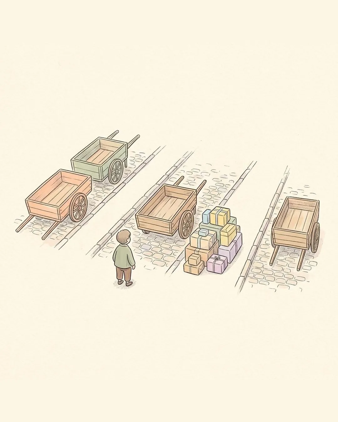 Een potloodtekening van drie parallelle rijbanen met houten karren. Eén baan is leeg terwijl er een stapel pakketten naast staat, een klein figuurtje kijkt toe.