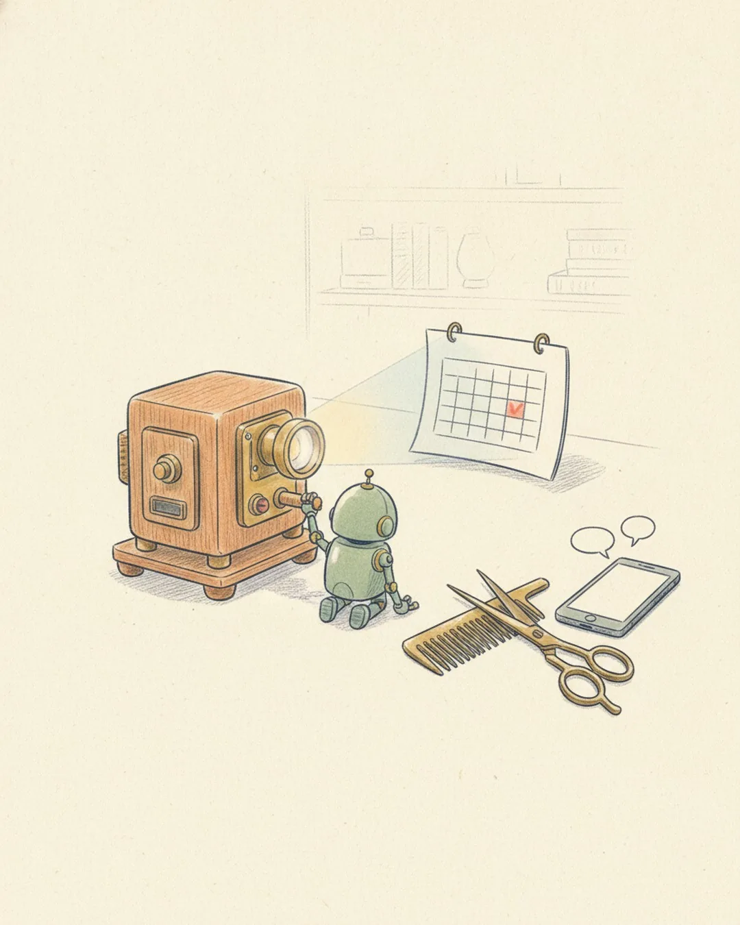 Een potloodtekening van een klein houten filmprojector op een bureau, met een groen robotje aan de slinger. Het licht valt op een papieren kalender met één afspraak. Ernaast een kam, een schaar en een telefoon met twee tekstballonnen.