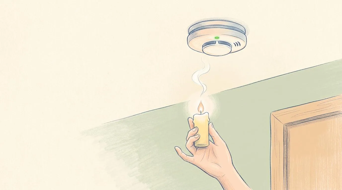 Een potloodtekening van een rookmelder aan een plafond met een groen lampje. Een hand houdt een brandende kaars eronder, een dun sliertje rook stijgt op.