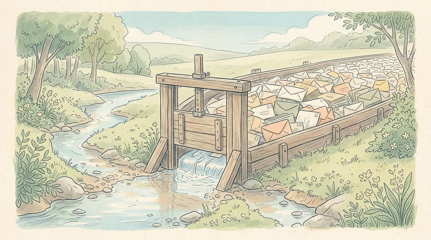 Een potloodtekening van een houten sluis in een beek. Door een kleine opening druppelt wat water, terwijl achter de sluis een brede stroom enveloppen wacht.