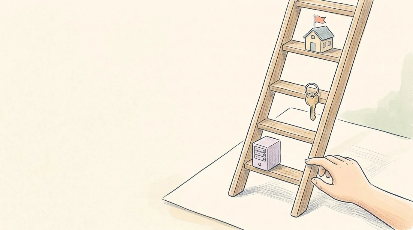 Een potloodtekening van een houten ladder op crème papier. Op de onderste sport staat een kleine server, hoger hangt een sleutelbos en bovenaan staat een huisje met een vlag. Een hand houdt de ladder vast.