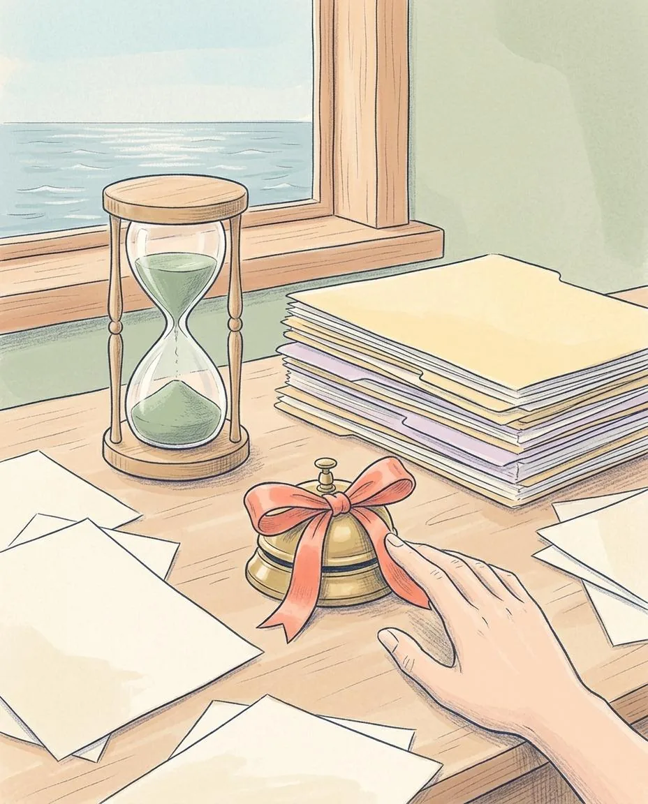 Een zandloper met saliegroen zand, een stapel dossiermappen en een belletje met een koraalkleurig strikje op een bureau voor een raam met uitzicht op zee.