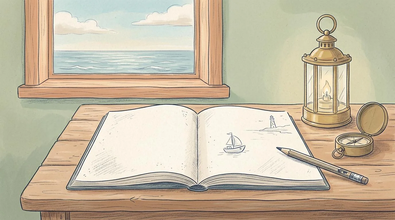Een potloodtekening van een opengeslagen boek op een houten tafel met een schets van een bootje en een vuurtoren, een potlood, een lantaarn en een kompas, met uitzicht op zee.