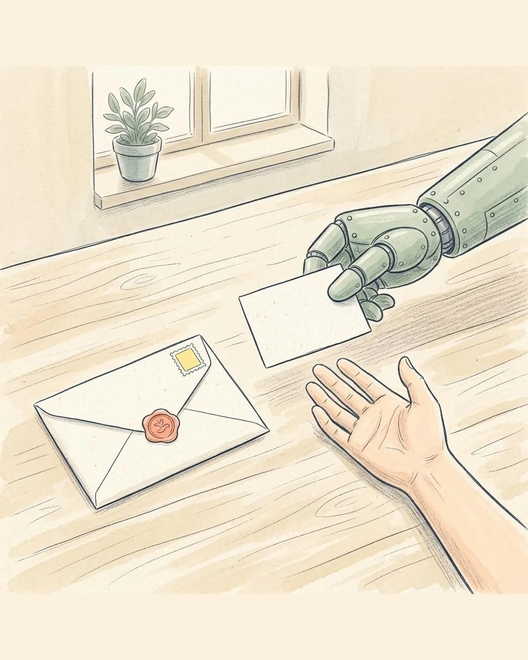 Getekende werkbank: een gesloten envelop met zegel, een robothand die een leeg kaartje overhandigt aan een open mensenhand.