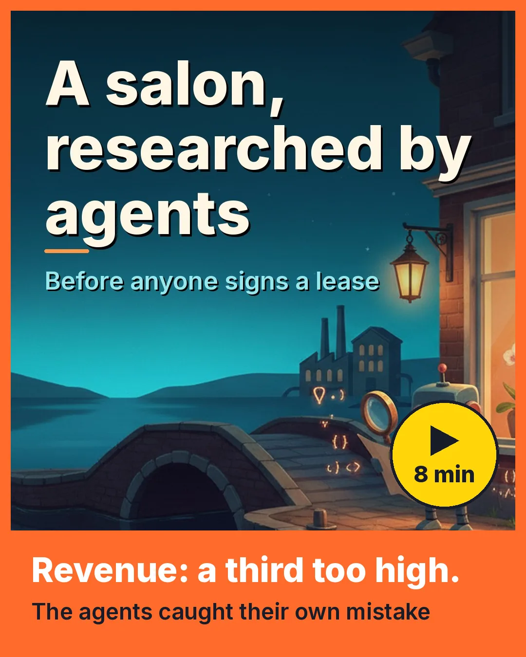 Cover van de video over een Thaise massagesalon in Leeuwarden, met een oranje band met de tekst Revenue: a third too high, en een gele afspeelknop met 8 min.