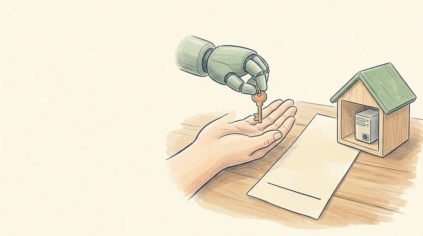 Een potloodtekening van een kleine robothand die een kassabon aan een mensenhand geeft, naast een huisje met een server erin.