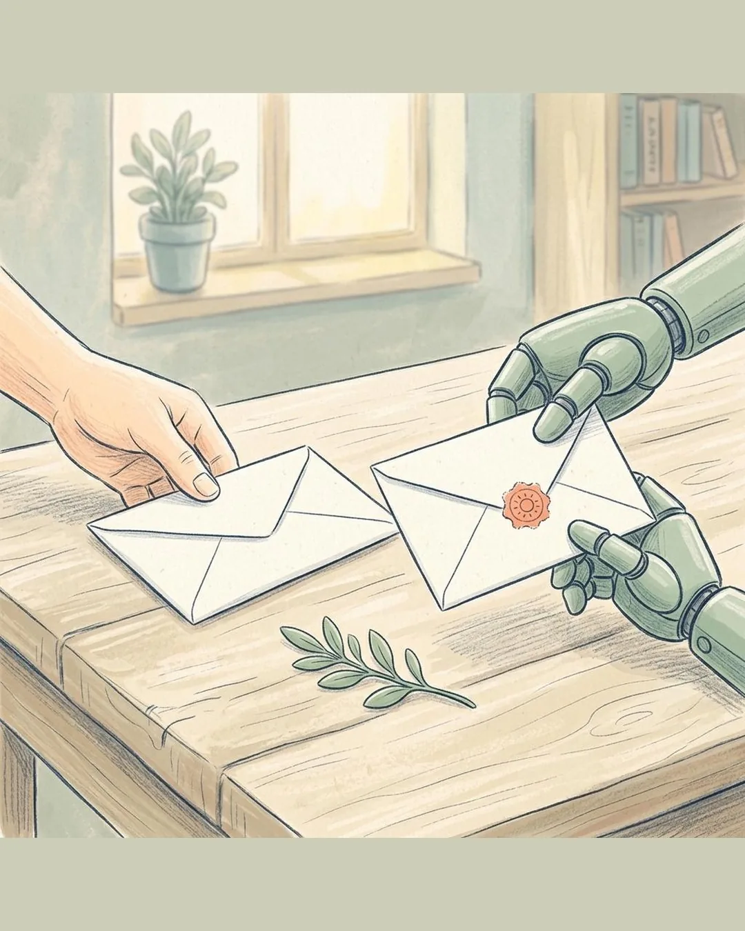 Getekende werkbank: een mensenhand legt een envelop neer en een robothand antwoordt met een eigen envelop met zegel, een takje groen ertussen.