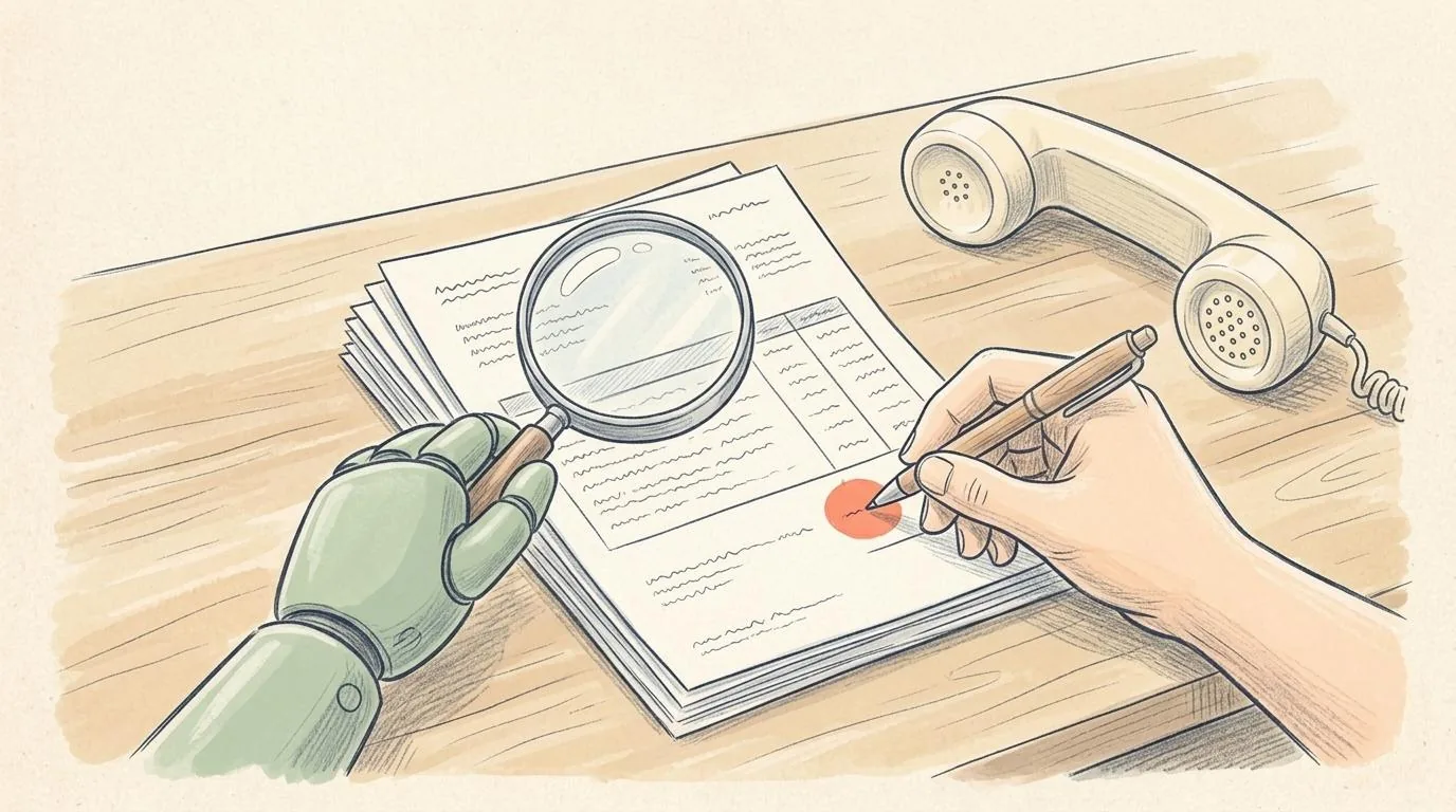 Een potloodtekening van een bureau met een stapel facturen, een groene robothand met een vergrootglas boven één factuur en een mensenhand met een pen die een koraalkleurig rondje zet op één regel.