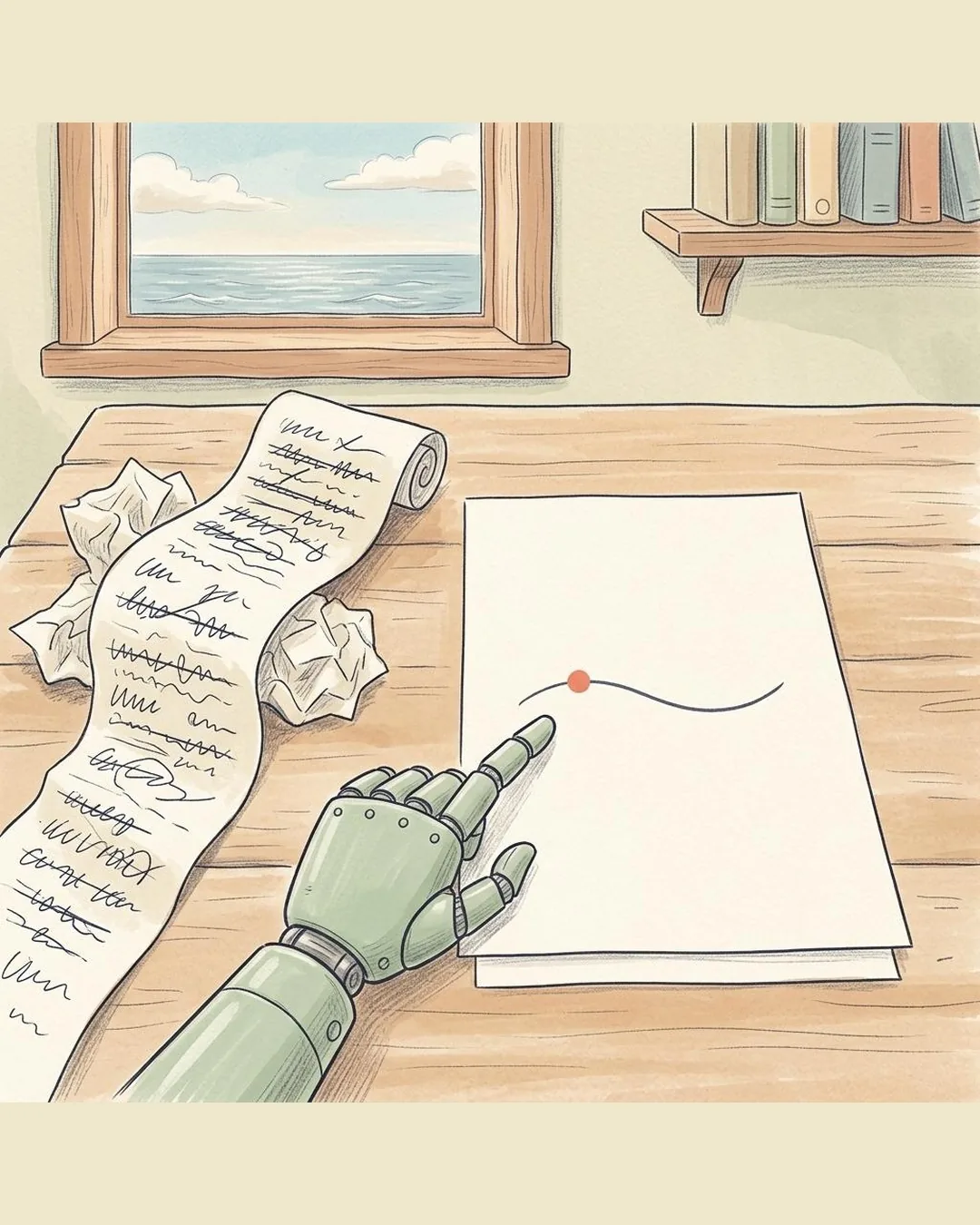 Getekend bureau: links een kreukelige strook papier vol doorgestreepte regels, rechts één schoon vel met één rustige lijn waar een robothand naar wijst.