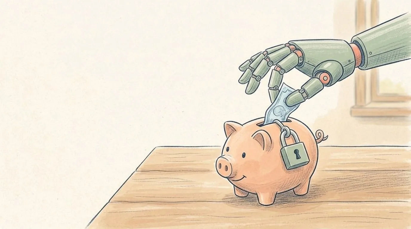 Een potloodtekening van een klein spaarpotje met een slot en een robothand die één biljet uit de pot pakt.