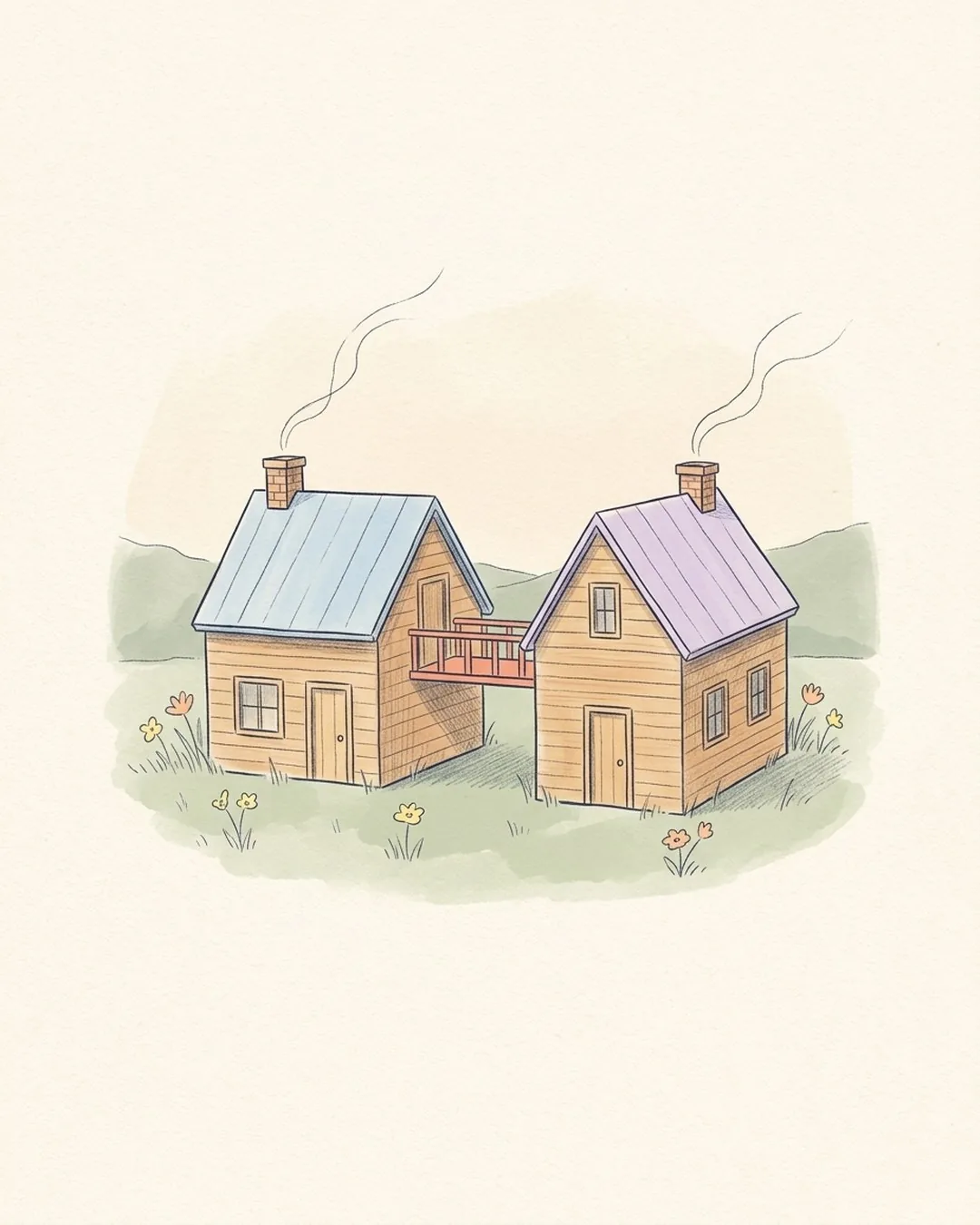 Twee getekende houten huisjes, een met een blauw en een met een lila dak, verbonden door een koraalkleurig bruggetje.