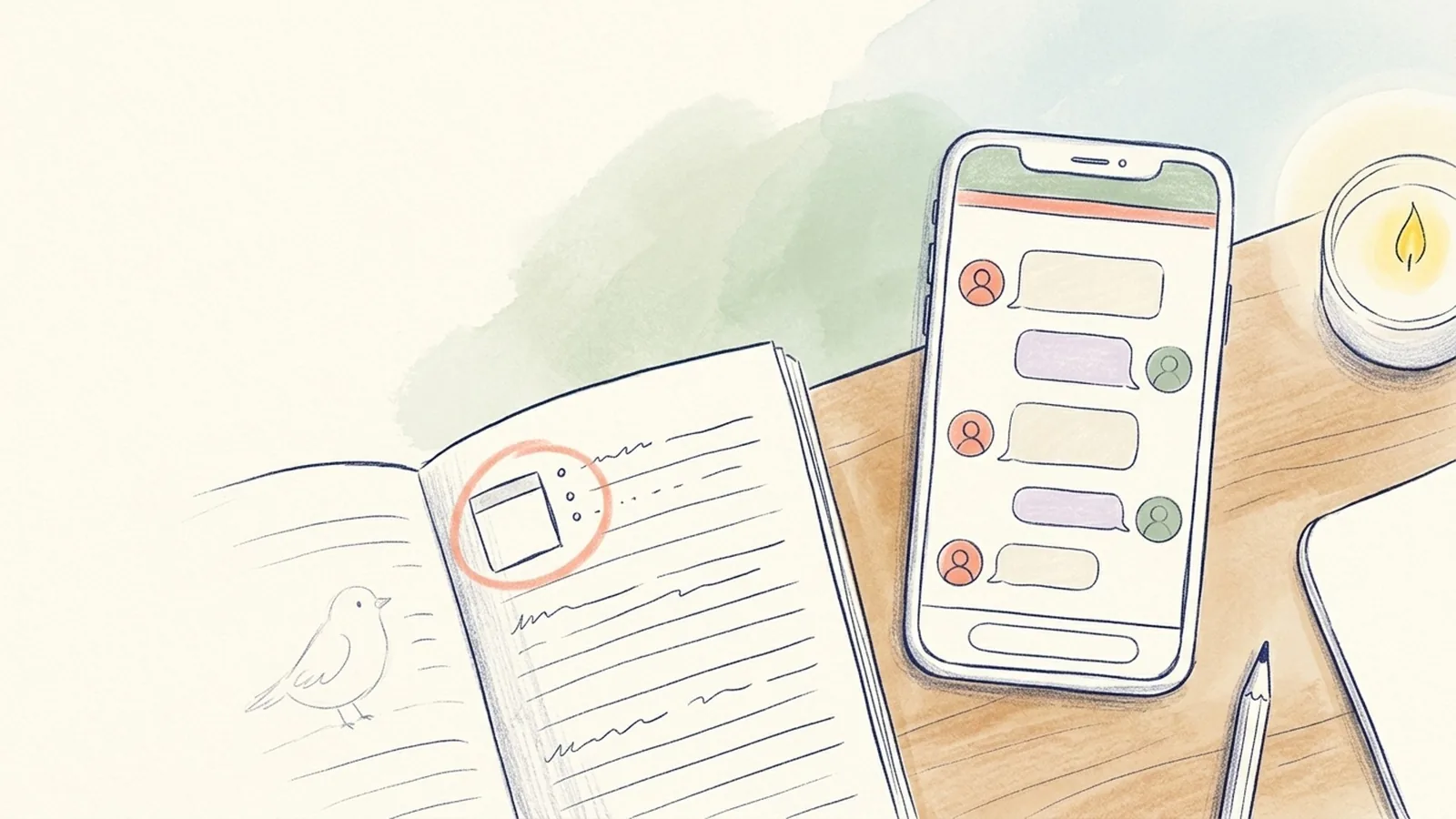 Een potloodtekening van een telefoon met een gesprek, naast een opengeslagen agenda met één omcirkeld vakje.