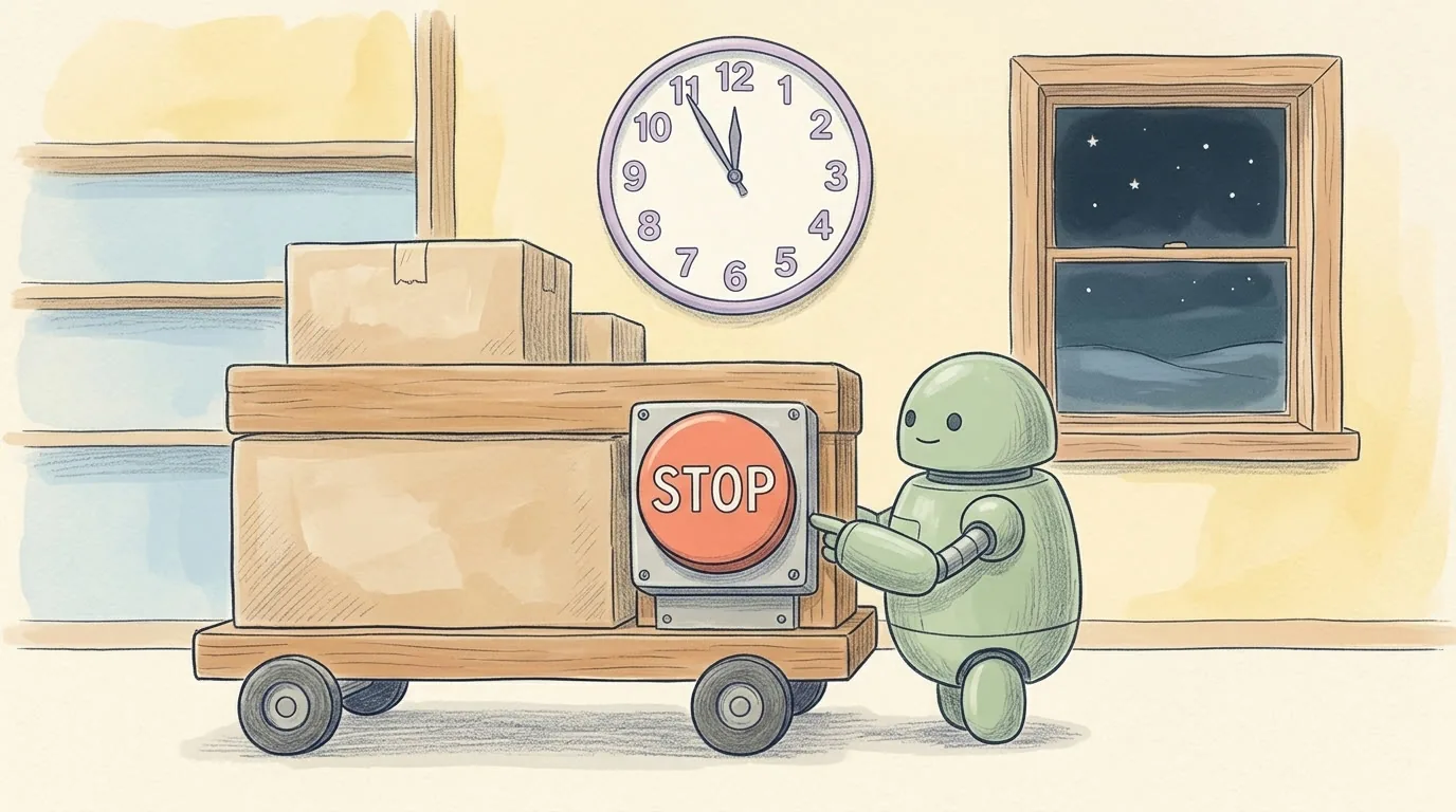 Een potloodtekening van een kleine robot die een zware kar met een stopknop bevriest, terwijl een klok op de achtergrond ver is doorgelopen en niemand de knop weer indrukt.