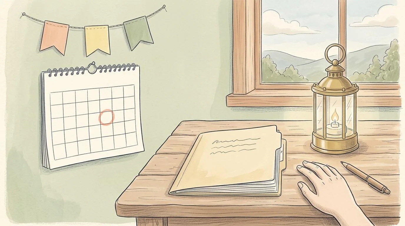 Een potloodtekening van een muurkalender met één omcirkeld vakje, een slinger van drie vlaggetjes erboven, een map met contracten op een houten bureau, een lantaarn en een hand naast een pen.