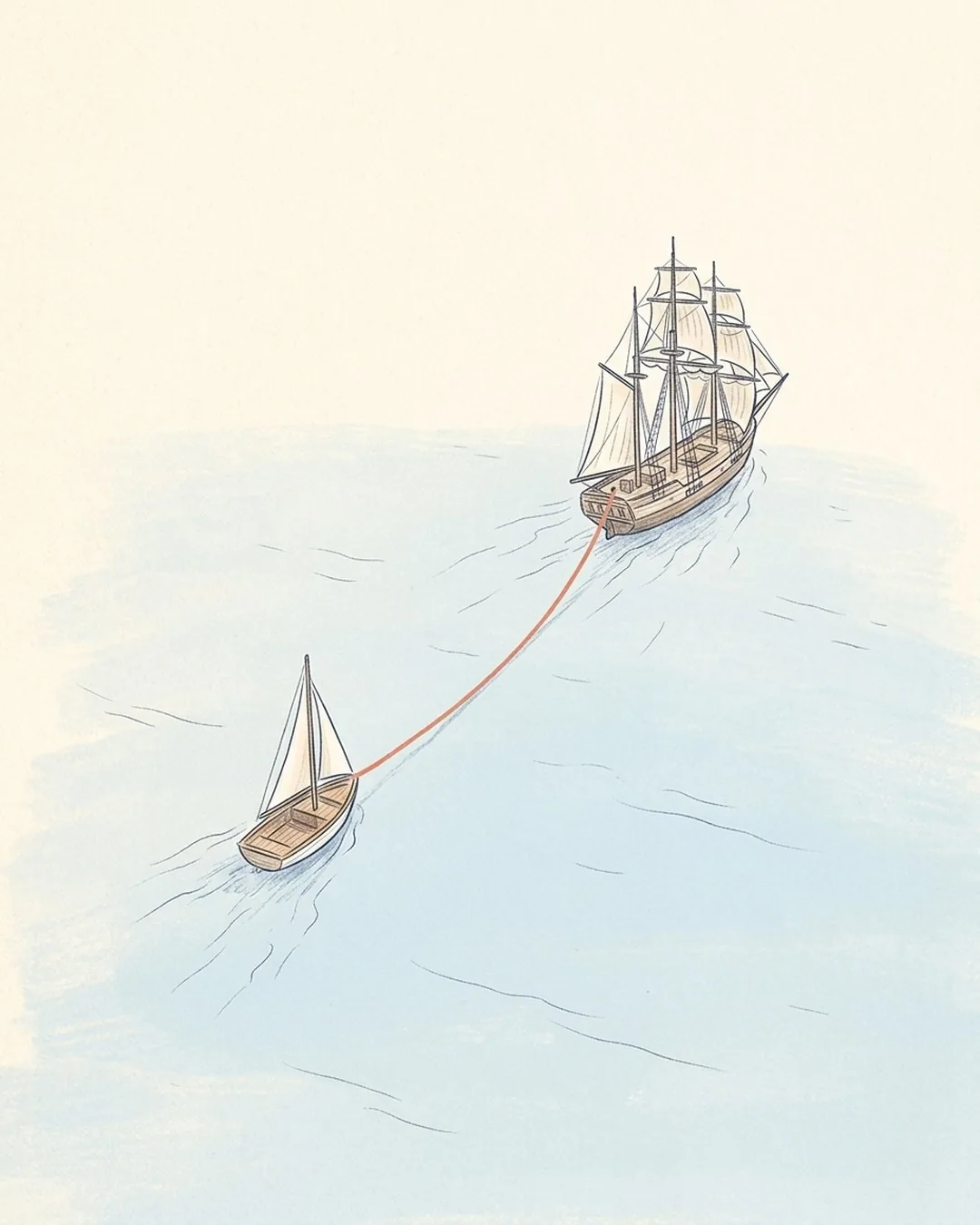 Een klein zeilbootje achter een groot zeilschip, verbonden door een koraalkleurig touw.
