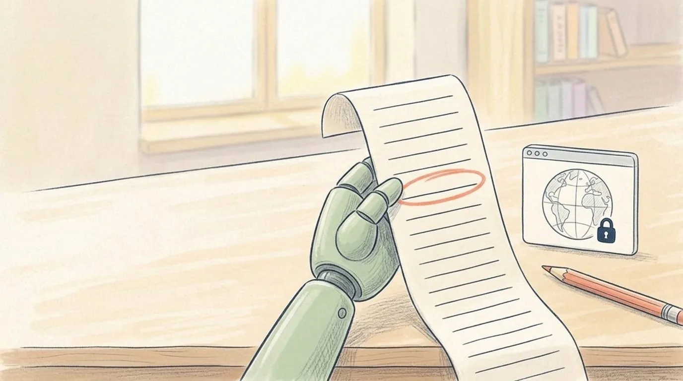 Een potloodtekening van een robothand met een lange lijst namen, waarvan er één is omcirkeld.