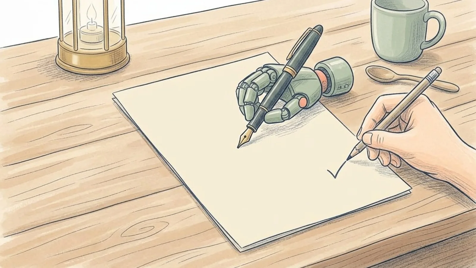 Een potloodtekening van een offerteblad, een kleine robothand met een vulpen en een mensenhand die een vinkje zet.