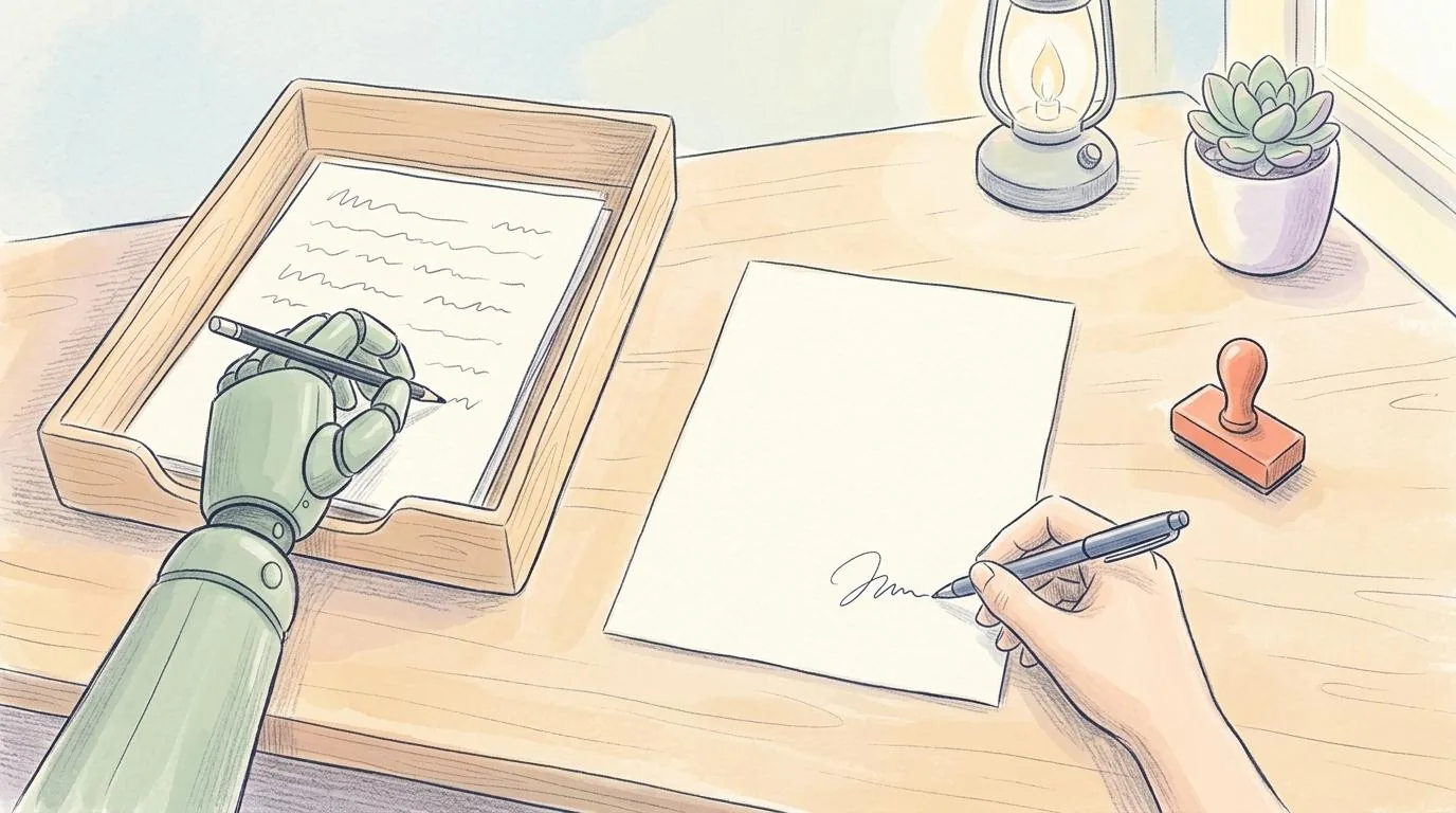 Een potloodtekening van een bureau: links een postbakje met een concept dat een groene robothand schrijft, in het midden een schone brief die een mensenhand ondertekent, rechts een klein koraalkleurig stempel.