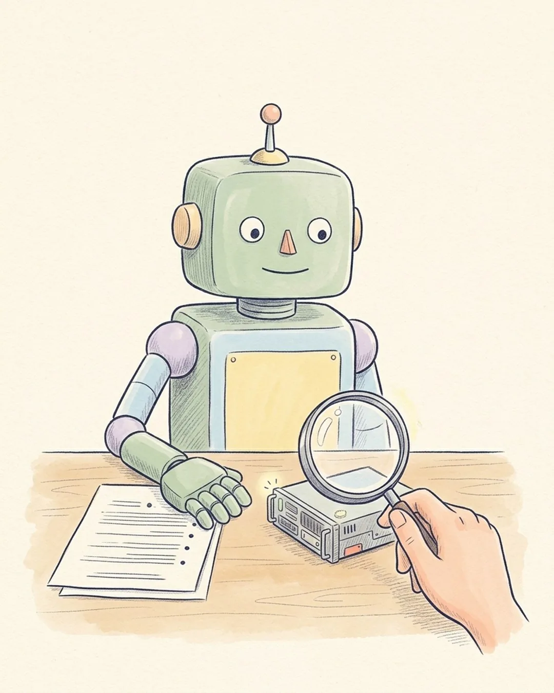 Een potloodtekening van een afvinklijst met een kleine robothand, en een loep boven een kleine draaiende server.