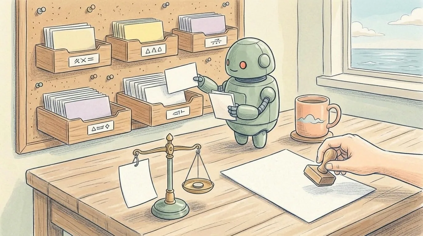 Een kleurpotloodtekening met aquarelwaas op crème papier: een klein groen robotje sorteert kaartjes in houten bakjes op een prikbord, op het bureau een kleine weegschaal met een muntje, een mok, en rechts een menselijke hand met een stempel die nog niet heeft gestempeld.