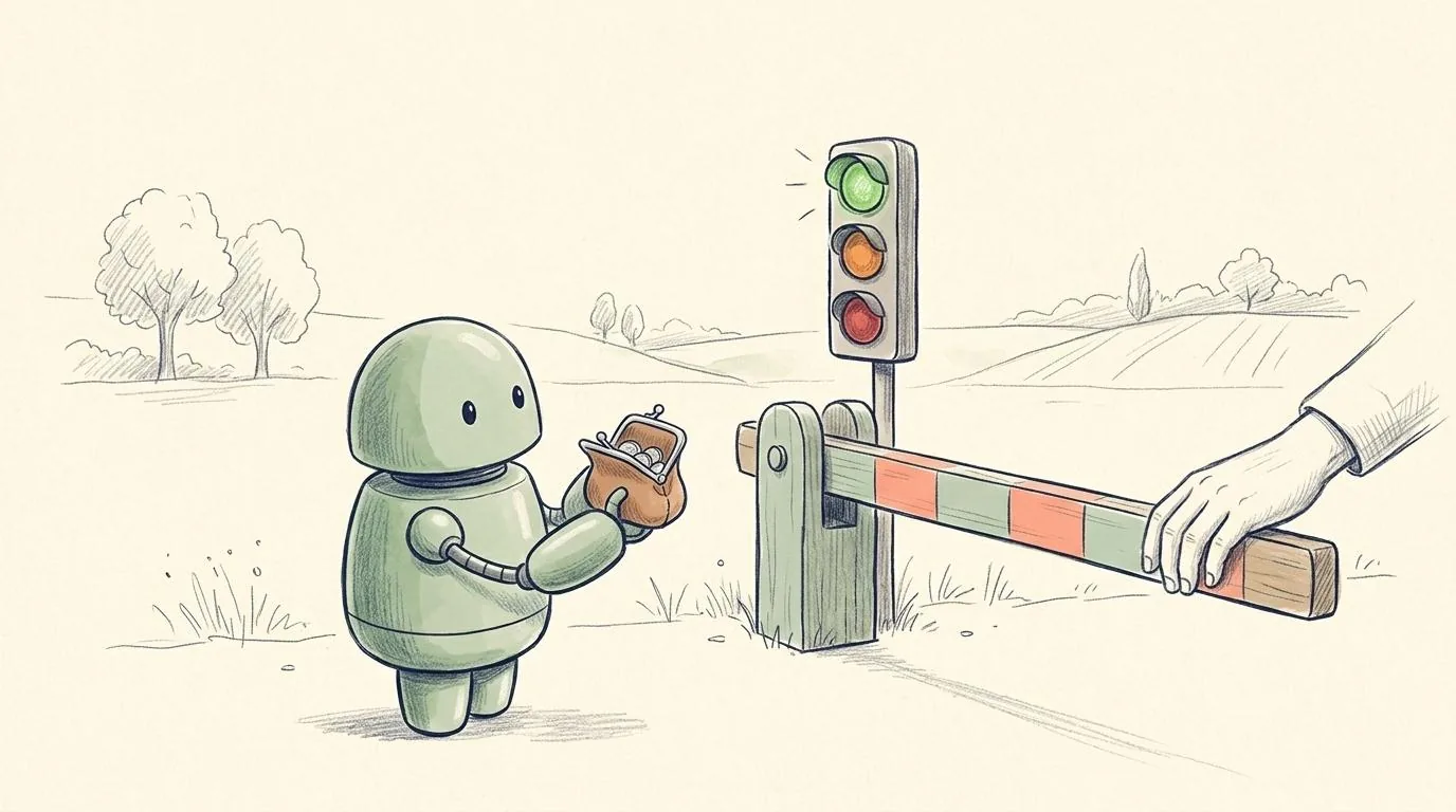 Een kleurpotloodtekening met aquarelwaas op crème papier: een klein groen robotje met een open portemonneetje met een paar munten voor een slagboom, naast een paaltje met een groen, oranje en rood lampje waarvan het groene brandt, en een menselijke hand op de slagboom.