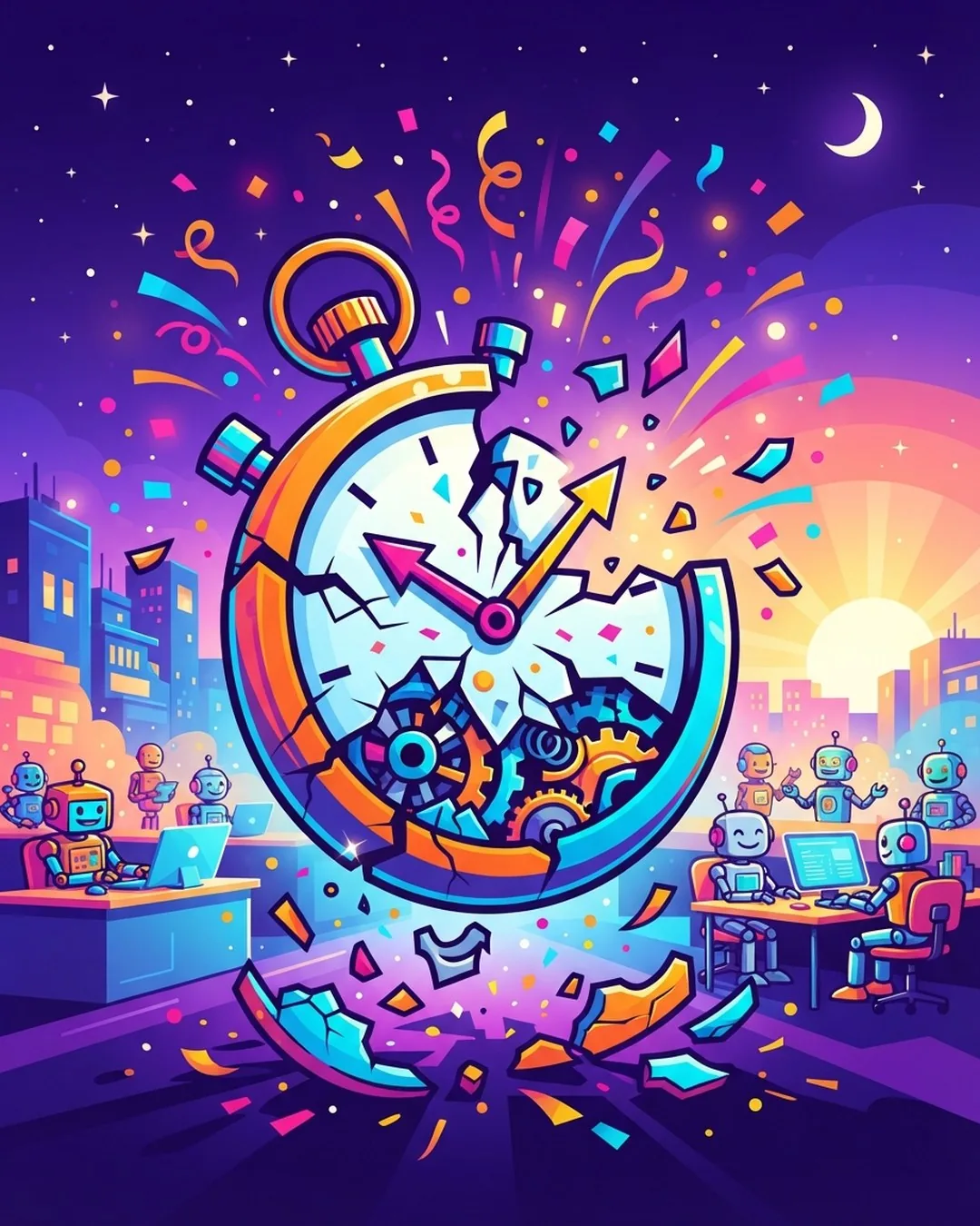 Een felgekleurde tekening van een stopwatch die openbarst tussen confetti, terwijl kleine robots aan hun bureaus vrolijk doorwerken van de nacht tot zonsopgang.