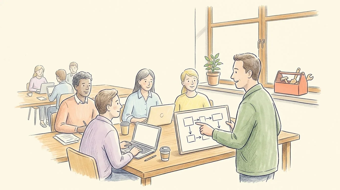 Een kleurpotloodtekening met aquarelwaas op crème papier: een man in een groen jasje wijst aan een lange houten tafel in een zonnige werkruimte op een whiteboard met vakjes en pijlen, om de tafel zitten collega's met laptops, op de vensterbank een plantje en een rood gereedschapskistje.